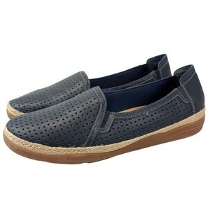 Clarks Elaina Ruby Womens 11W Navy Blue Leather Espadrille Slip-On Shoes Loafers